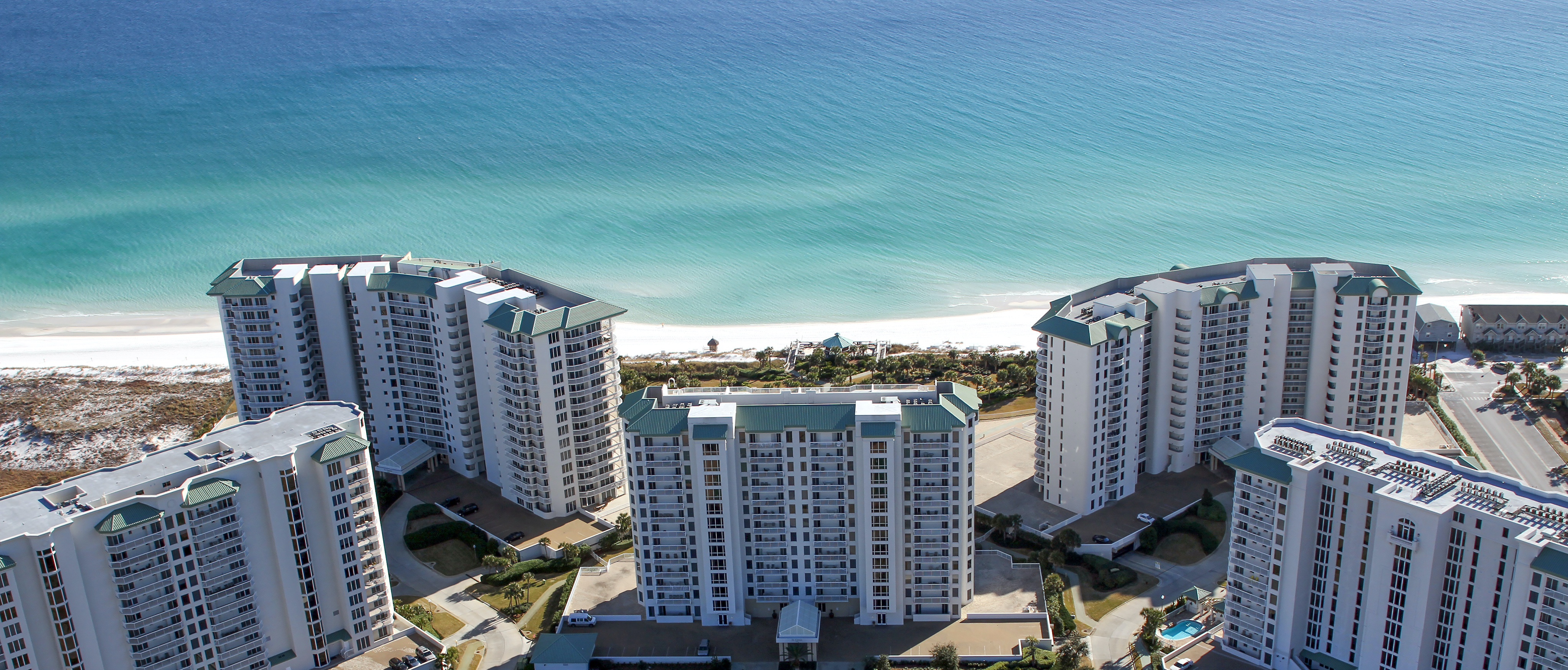 An aerial view of the Gulf front Silver Shells condominium in Destin